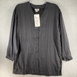 Emieux Top Women's Small‎ Button Up Black Semi Sheer Long Sleeve V Neck